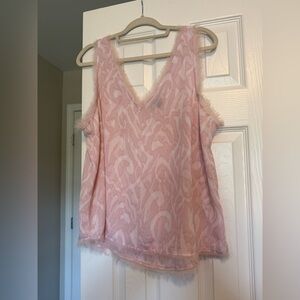 Halogen‎ Pink and White Printed Frayed Hem V-Neck Sleeveless Blouse
